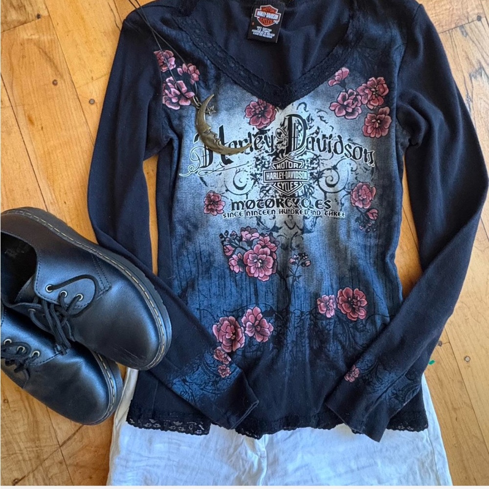 Harley-Davidson Black and Pink Lace Trim Top